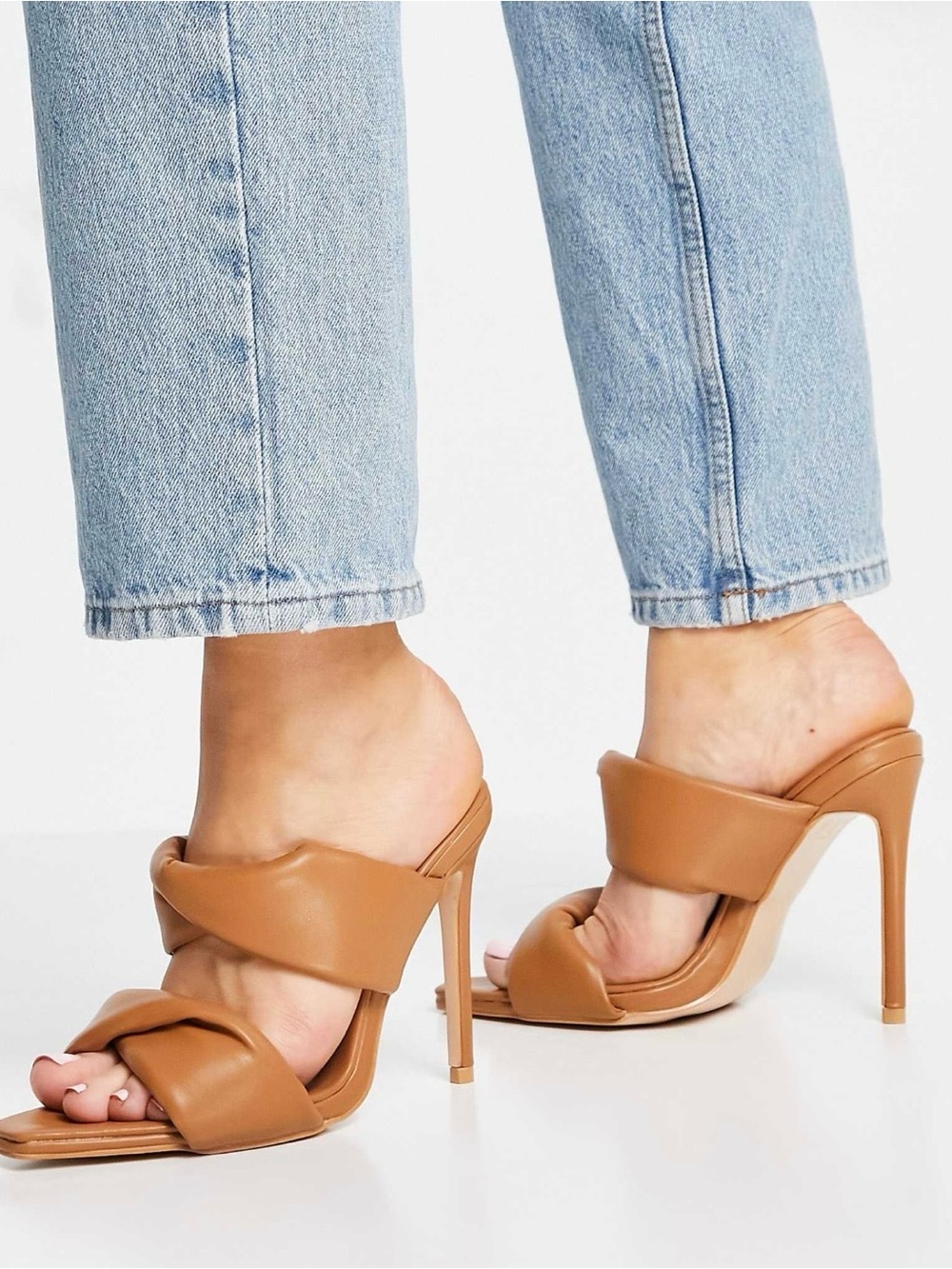 Twist strap heeled mules with square toe in camel - new dowel pins included!
